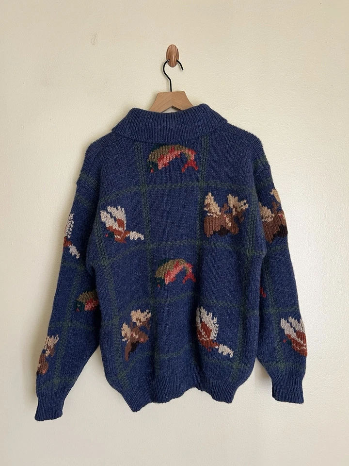 VTG L.L.Bean Animal Pattern Half-Zip Knit Sweater Size M Blue Mens 80s Vintage - Image 2 of 4