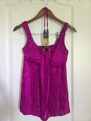  VTG Y2K BCX Magenta Pink Crinkle Tank Top S Beaded Ring Neck Empire Waist Boho