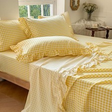 Yellow Gingham Ruffle Full Sheet Set, Soft Pre-Washed Microfiber Bedding
