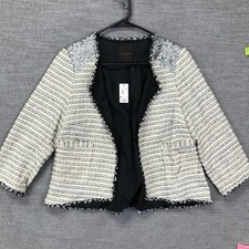 The Limited Blazer Jacket Womens Medium White Tweed Sequin Fringe Open Front
