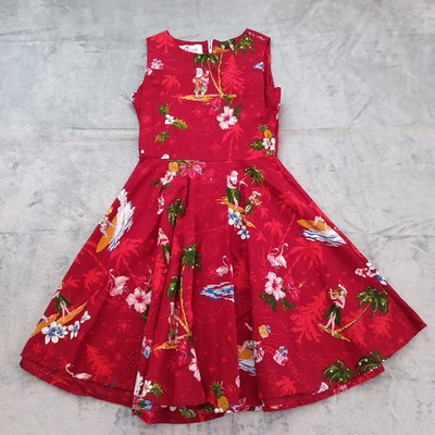 Hawaii Hangover Dress Small Red Floral Knee Length Fit Flare Sleeveless Hula
