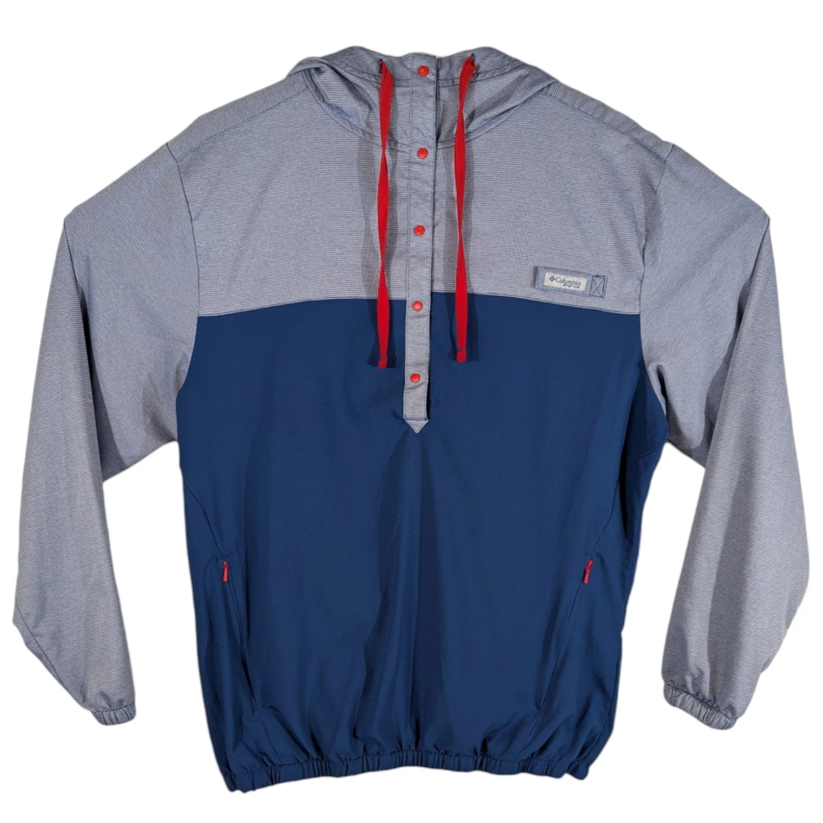 Columbia PFG Rain Jacket Vented Mens Large Blue Gray Hooded Snap Collar Red