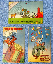 3 Vintage 1944 Army World War II Military Humor Postcards Parachuting Skydiving
