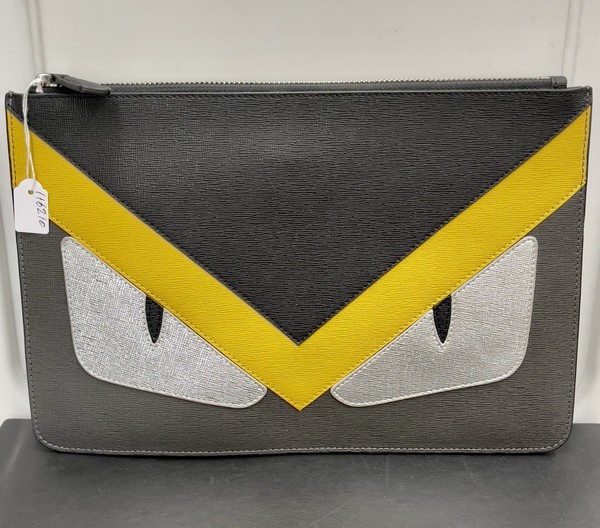 FENDI Monster Pouch Clutch bag Leather Black Silver yellow W7N00781CM