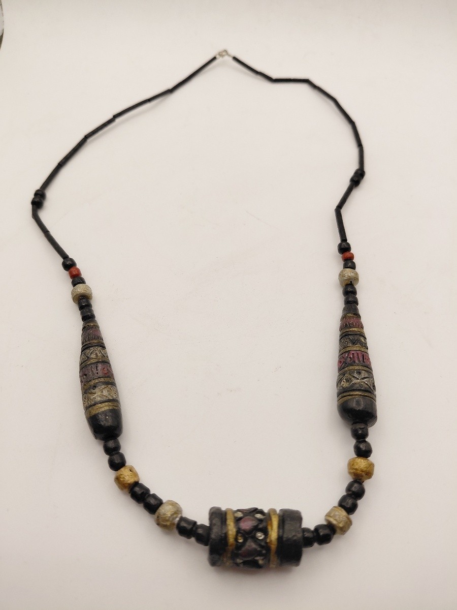 Handmade Beaded Statement Necklace Ceramic Wood Metal Tribal Boho
