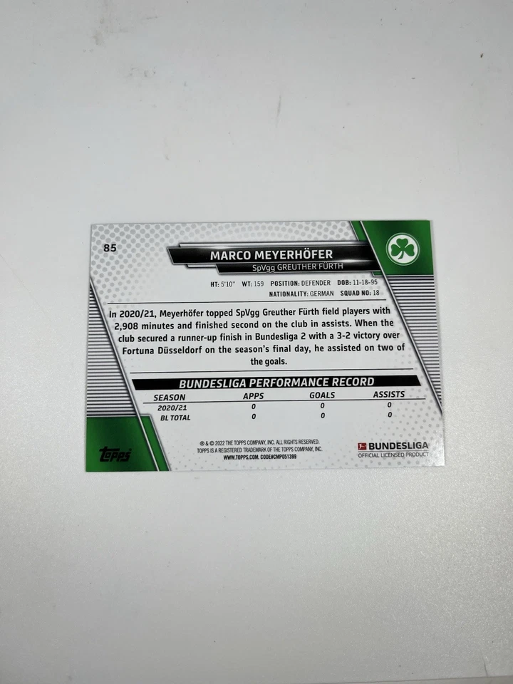 2021-22 Topps Bundesliga Base Marco Meyerhofer SpVgg Greuther Furth #85 - Image 2 of 4