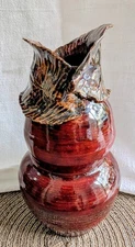 brown pottery vase signed, Leaf Accent