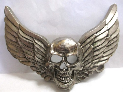LARGE SIGNED ROCK REBEL WINGED SKULL BELT BUCKLE, SILVERTONE
