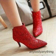 Women's Sequin Kitten Heel Pointy Toe Back Zip Formal Shiny Dress Ankle Boots