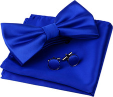 Mens Solid Color Double Fold Pre-tied Bow Tie and Pocket Square Cufflink Set wit