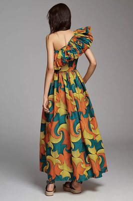 sika one shoulder dress NWT Anthropologie SIKA Printed One-Shoulder Ruffle Dress size 8 Petite