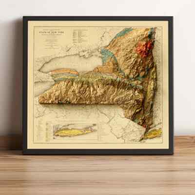 New York Map, New York 2D Relief Map, New York Vintage Map - 2D Flat Print