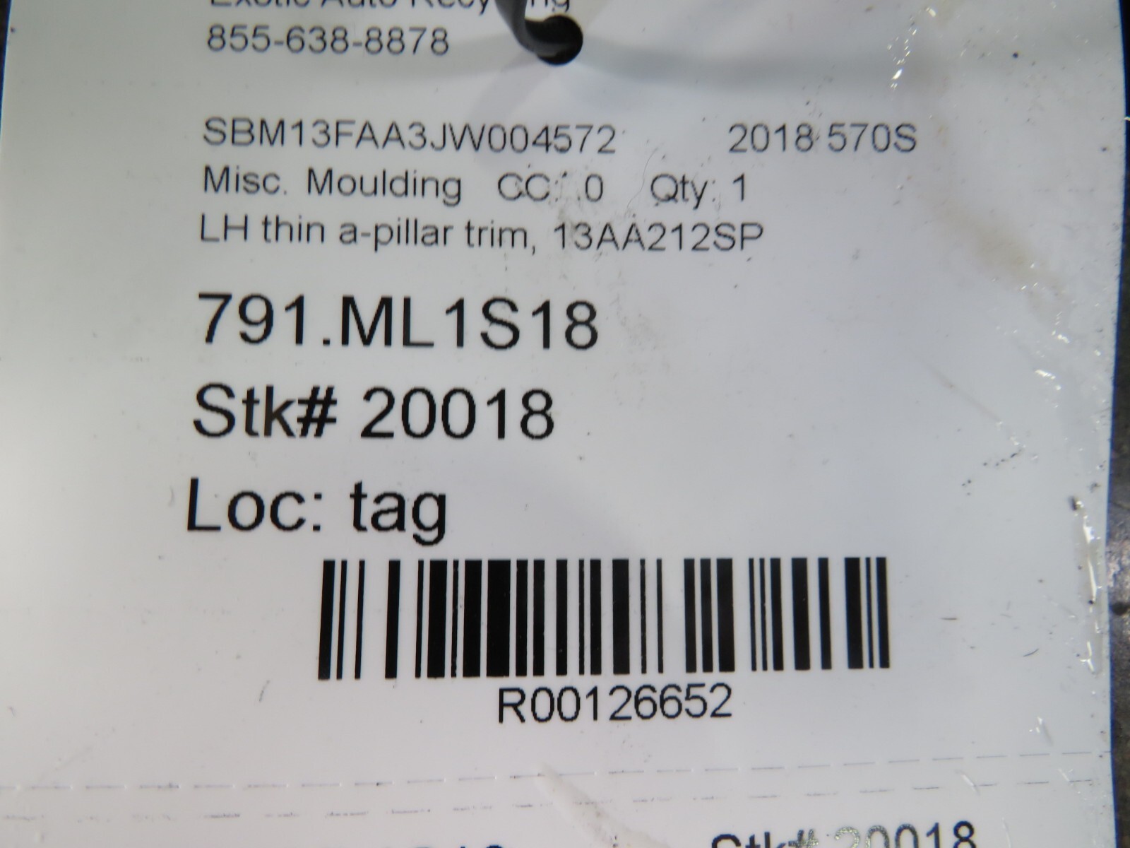 Mclaren 570S, LH, Left, Thin A-Pillar Trim, Used, P/N 13AA212SP
