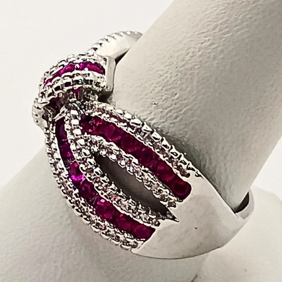 女士镀银红宝石立方氧化锆戒指尺寸 9 结蝴蝶结优雅晚礼服 — 第 3/4 张图片