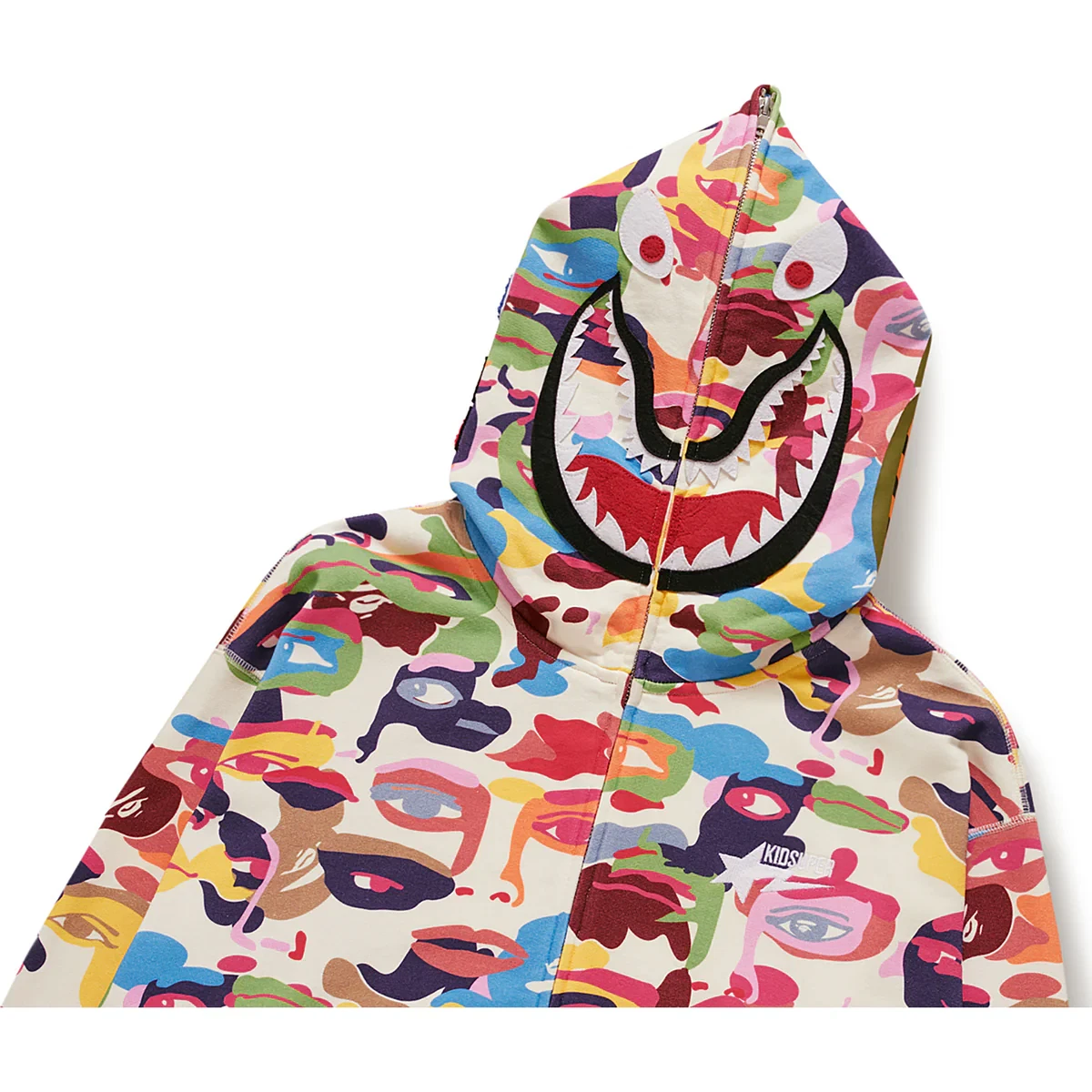 A BATHING APE (BAPE) FELPA CON CAPPUCCIO FULL ZIP BAPE X KIDSUPER CAMO SHARK NUOVA MAI INDOSSATA. MULTI CREMA