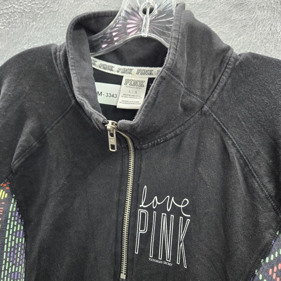 PINK Victoria's Secret Women Sweatshirt L Black Aztec Geometric Love 1/4 Zip - Image 4 of 4