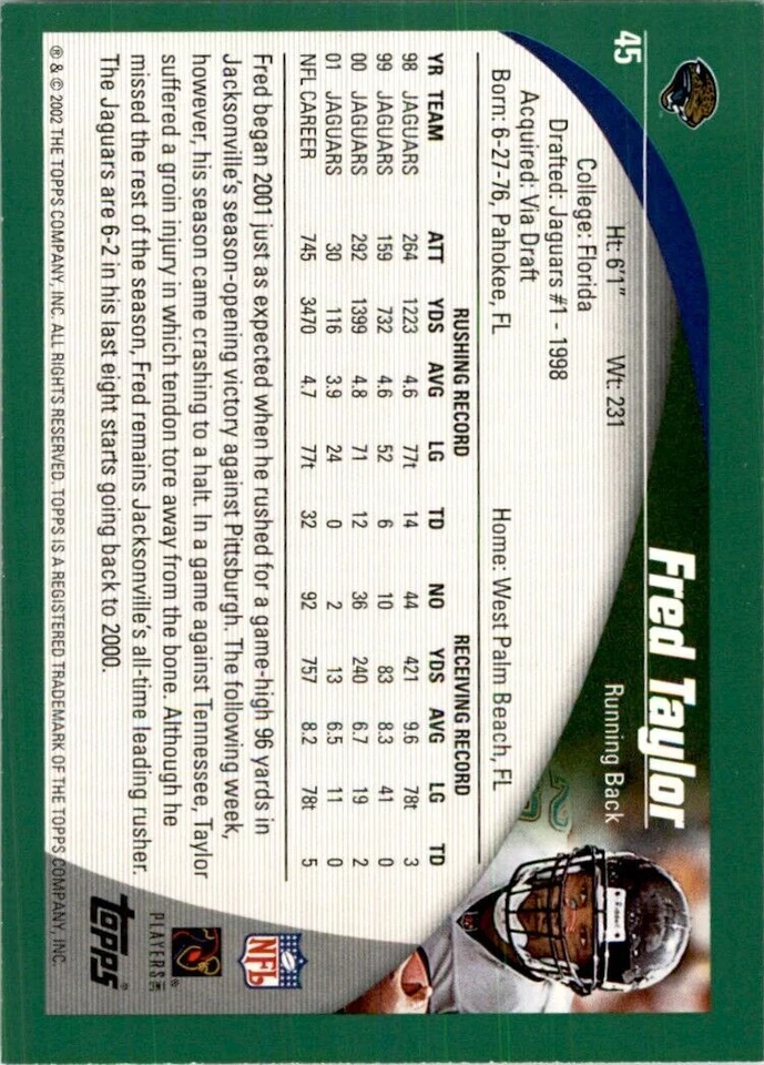 2002 Topps Fred Taylor (100) Football Cards #45 - Image 2 of 2