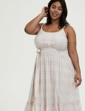Torrid Light Pink & Blue Plaid Challis Tie Shirred Midi Dress 0 12 large NWT