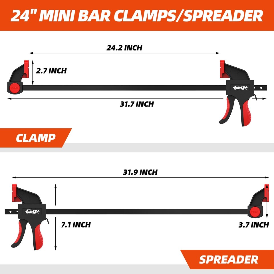 24" Bar Clamps for Woodworking 4Piece OneHanded Clamp/Spreader Light