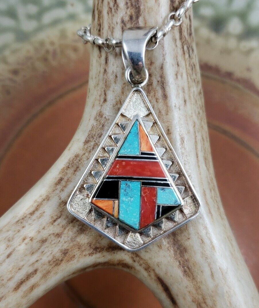 Rick Tolino Navajo Coral Turquoise Inlay Necklace… - image 1