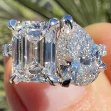 Toi Et Moi 4.80 TCW Emerald & Pear Moissanite Wedding Ring 14K White Gold Plated