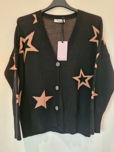 Cárdigan estrella italiana cuello en V abotonado manga larga negro talla única UK 8-16 - Imagen 3 de 8