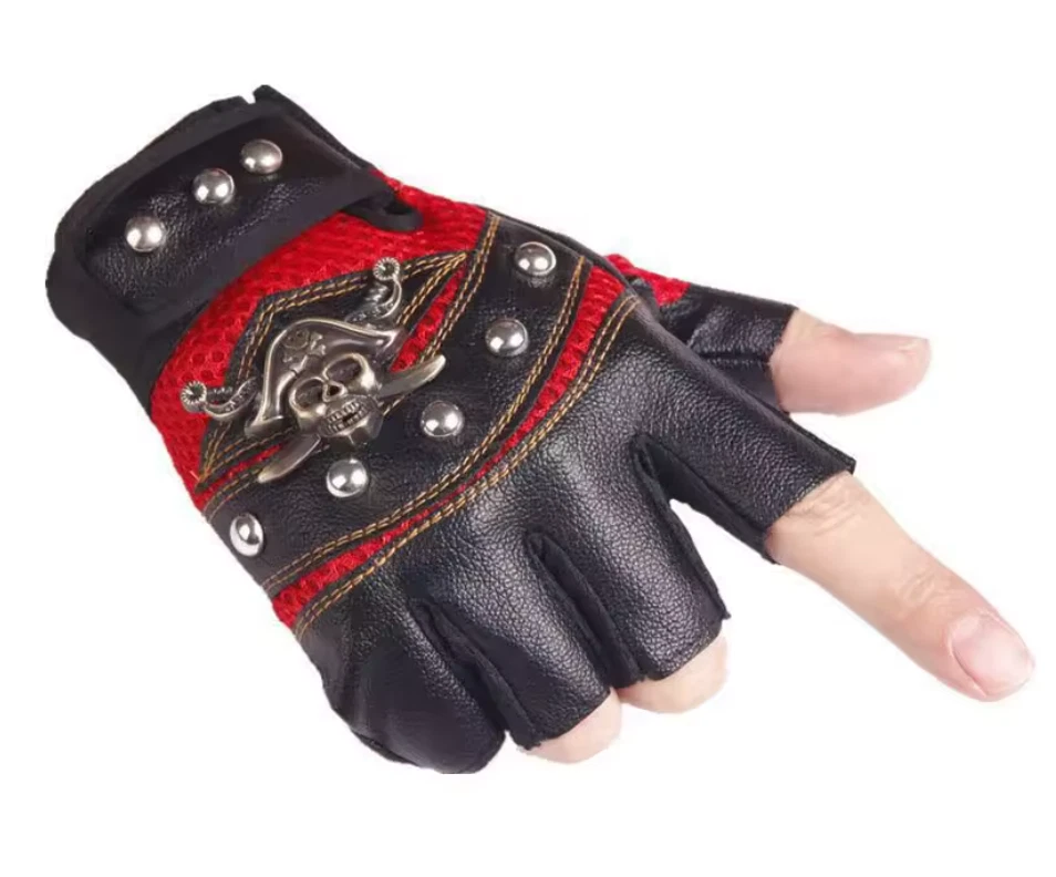Pirate Skull Rivet Gloves  Rocker Half Finger Motorcycle Driving Caribbean (#40) - Image 4 of 4