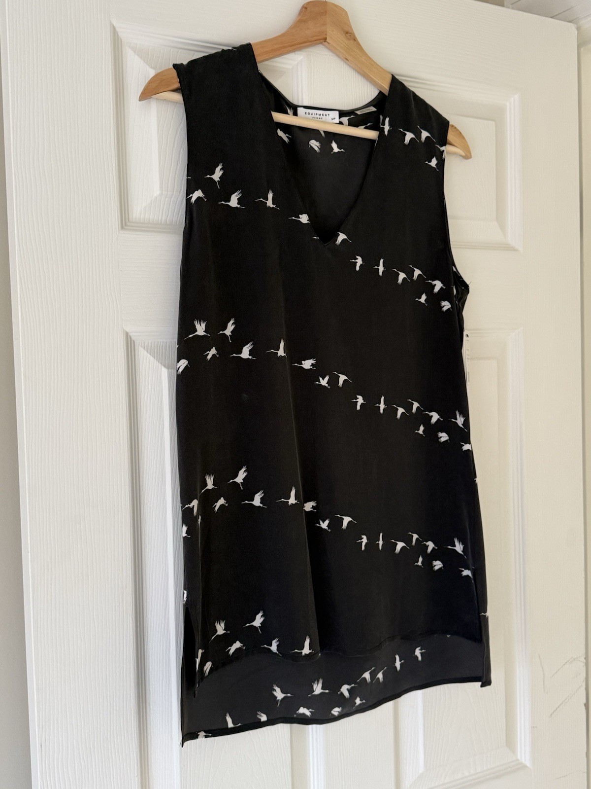 Black And White Bird Print Silk Blouse Black Size Small