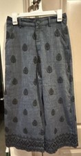 Zara Embroidered Blue Denim Wide Leg Cropped Trousers