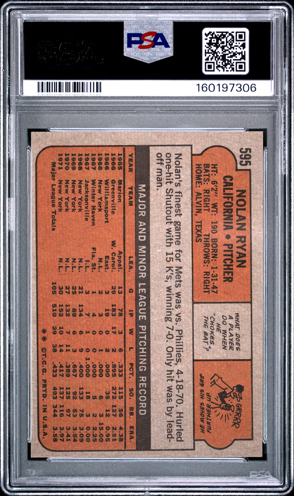 1972 TOPPS #595 NOLAN RYAN PSA 6 view 2