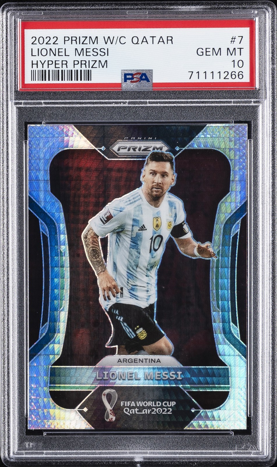 2022 PANINI PRIZM WORLD CUP QATAR HYPER PRIZM #7 LIONEL MESSI PSA 10