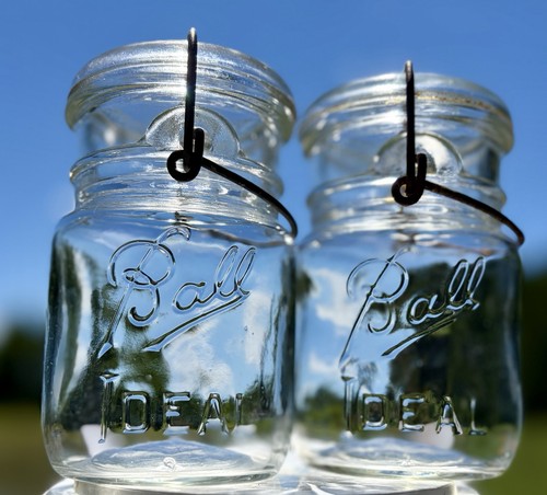 Antique Ball Ideal Wire Bail Glass Canning Jars Lot of 2 Clear Mason Vintage