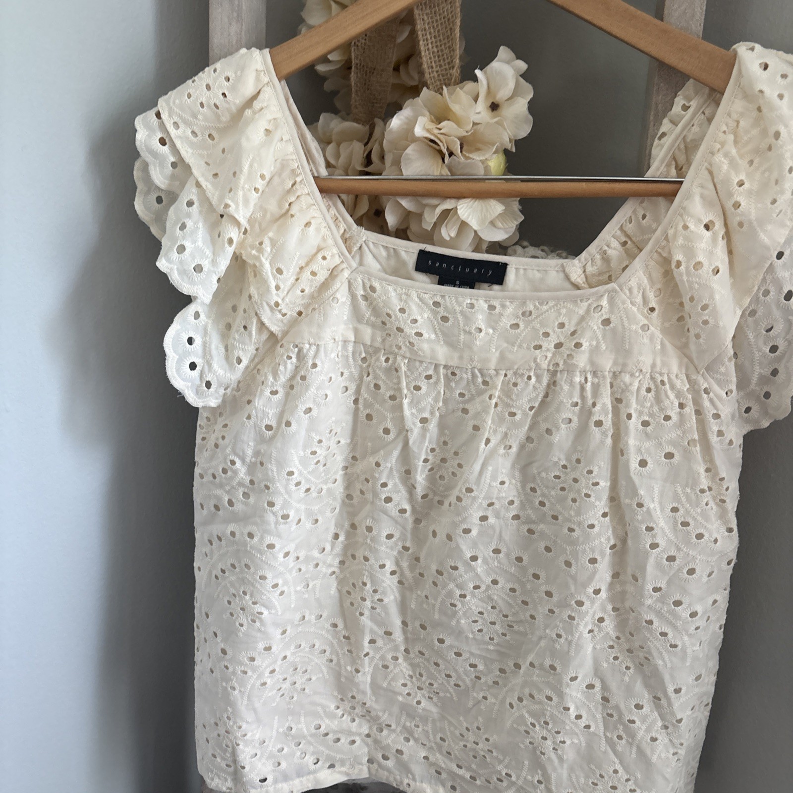 Sanctuary Women's Off-White Puff-Sleeve Blouse, Square-Neck, Eyelet Small