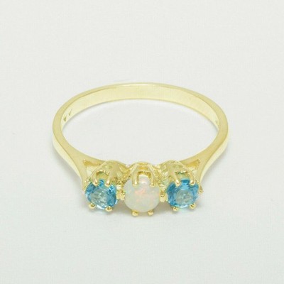 1.10 Ct Natürlich Äthiopischer Opal Blau Topas Trilogy Ring 14k Gelbgold l755