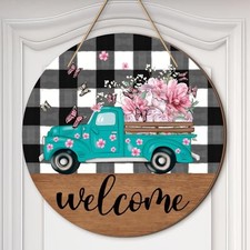 Spring Front Door Decor Welcome Wooden Sign Farmhouse Blue Truck Floral Wreath