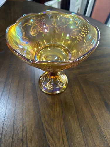 Vintage Indiana Carnival Glass Fruit Bowl - Amber/Orange Iridescent Pedestal