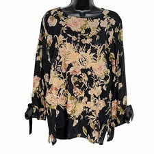 BLACK FLORAL EMBROIDERED BLOUSE M TRU LUXE JEANS FAIRY ROMANTIC BOHO WHIMSIGOTH