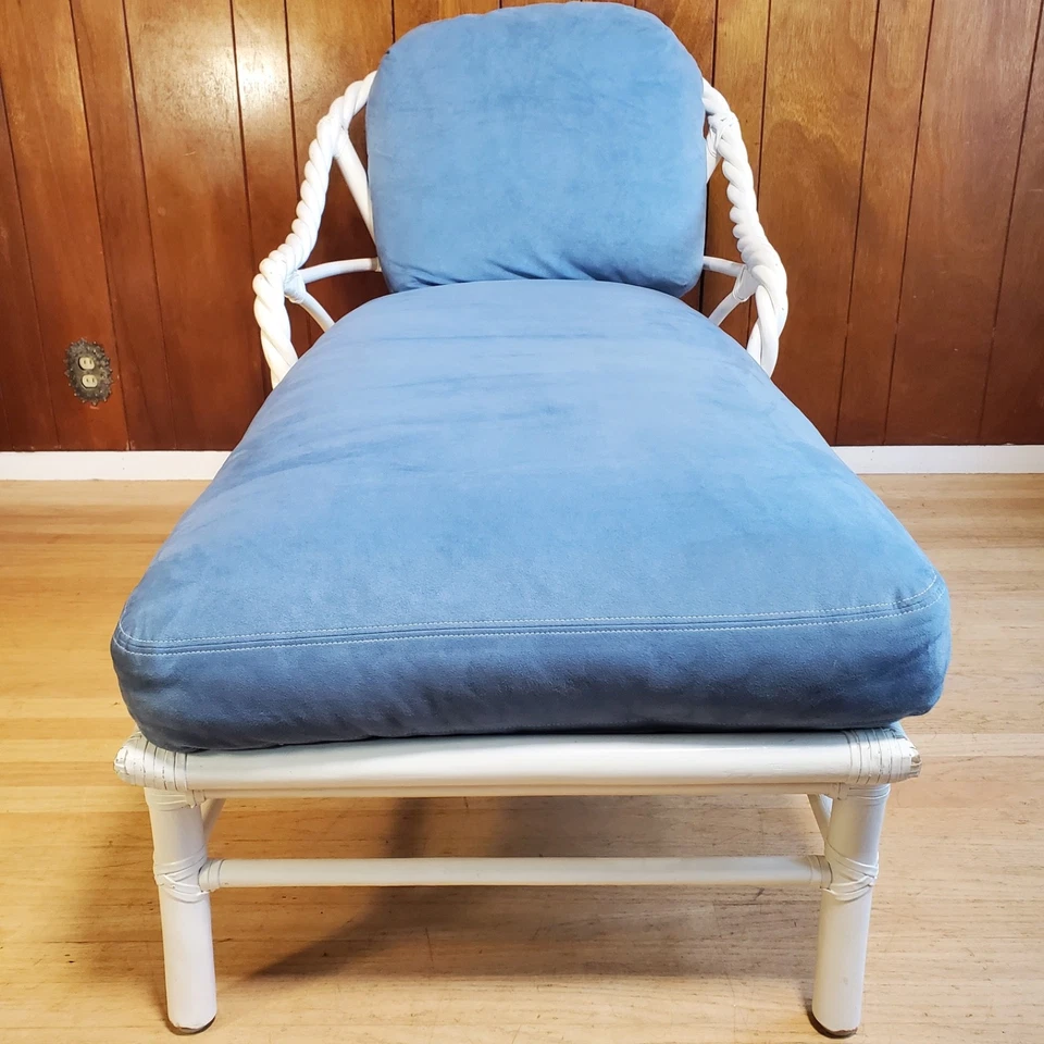 Vintage McGuire Twisted Bamboo and Rattan Chaise Lounge Powder Blue Microsuede - Image 2 of 4
