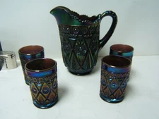 Imperial Glass Diamond Lace Purple Water Set Pitcher & 4 Tumblers Exc Condition
