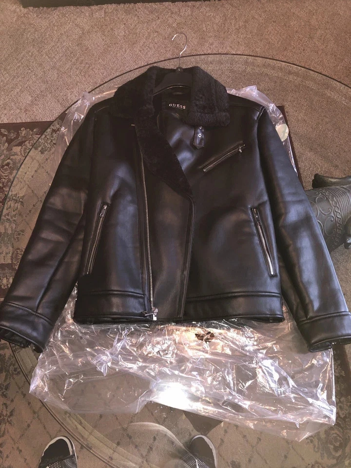 Guess Mens Asymmetrical Black Faux Leather Fur Motorcycle Jacket L - Image 4 of 4