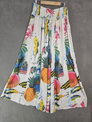 True Destinations Resort Wear Tropical Print Wide Leg Pants Large Aztec Fishing 