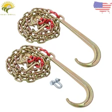 2PCS 5/16"x6' G80 Tow Chain J Hook Long Shank RTJ & Grab Hooks Wrecker 5400Lbs