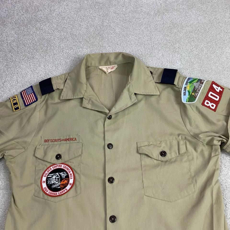 Camisa masculina vintage escoteiros cáqui média bronzeada botões adesivos uniforme BSA - Imagem 2 de 4