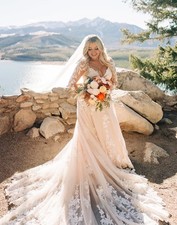 Ivory Lace A-Line Sleeveless V-Neck Wedding Dress with Train