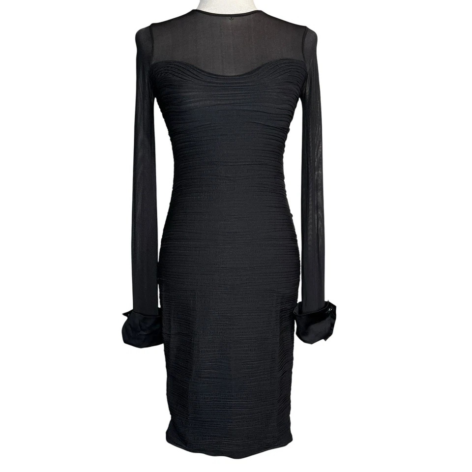 WOLFORD XS Dress Black Ruched Reversible Sheer Sleeve Removable Collar & Cuffs - Image 2 of 4