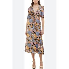 WAYF Rosalind Floral Print Midi Dress Size Small Cut Out Tie Front Short Sleeve
