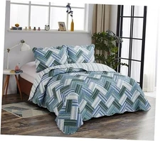  Herringbone Patchwork, 3-Piece Quilt Set with 2 Shams, Quilt Set Queen Teal