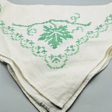 Vintage Linen Tablecloth with Cross-stitch in Green with 4 Matching Napkins