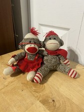 Personal Creations Sock Monkey Pair Plush Knitted Stuffed Animals Brown Red
