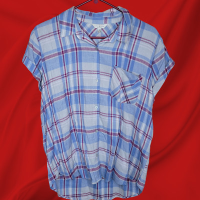 Lucky Brand Linen Blend Plaid Button Up Top Womens Madeline Shirt Large Lg
